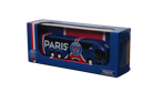 PSG Mini Team Bus miniature blue coach with red and white stripes, Paris Saint-Germain crests and windowed display box