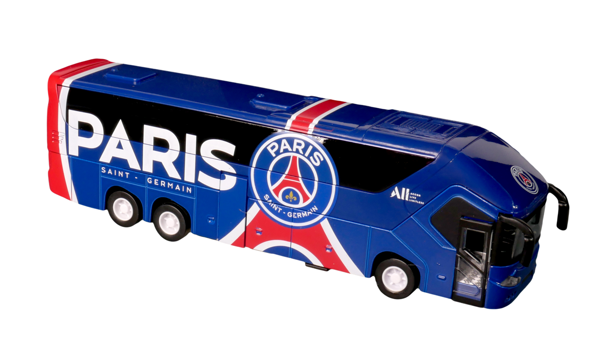 PSG Mini Team Bus, a blue and red miniature coach with Paris lettering, club crest, and black windows.