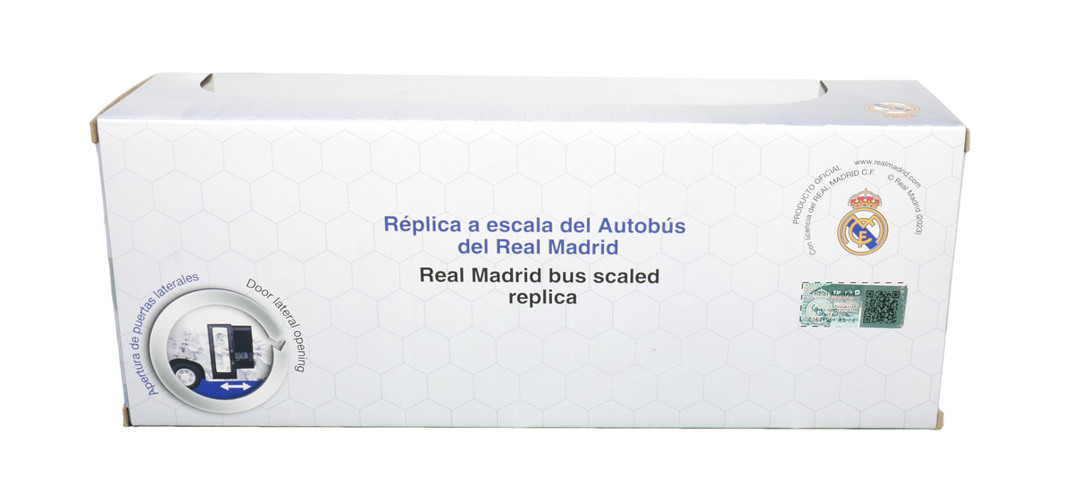 Real Madrid Mini Team Bus in a white hexagon-patterned display box with scaled replica text and club crest.