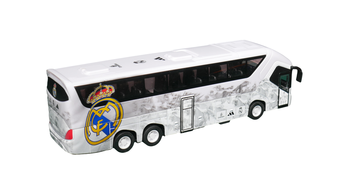 Real Madrid Mini Team Bus in white with black windows, club crest and monochrome player graphics along the sides.