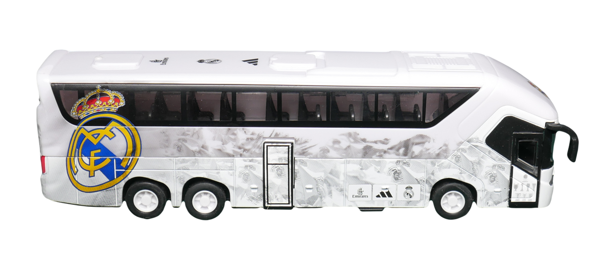 Real Madrid Mini Team Bus in white with gray marble pattern, dark windows, black wheels and large club crest