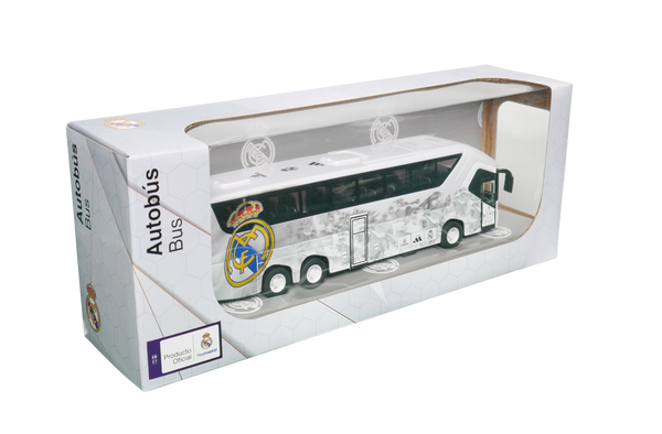 Real Madrid Mini Team Bus in a white miniature coach with club crest, black windows and branded collector's packaging