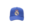 Real Madrid Trucker Hat in royal blue fabric, featuring white mesh side panels and an embroidered crowned club crest.