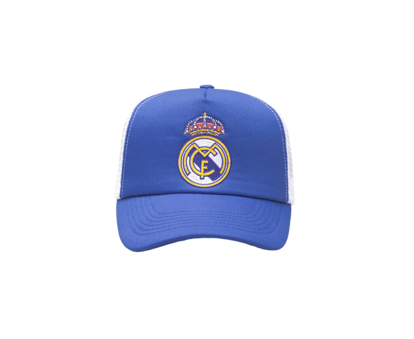 Real Madrid Trucker Hat in royal blue fabric, featuring white mesh side panels and an embroidered crowned club crest.