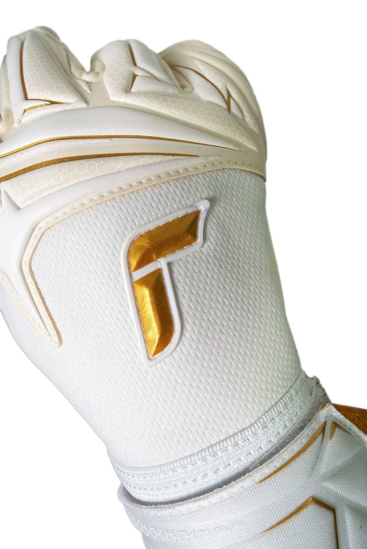 Reusch Attrakt AB1 goalkeeper glove in white textured material with gold accents and a raised geometric backhand design