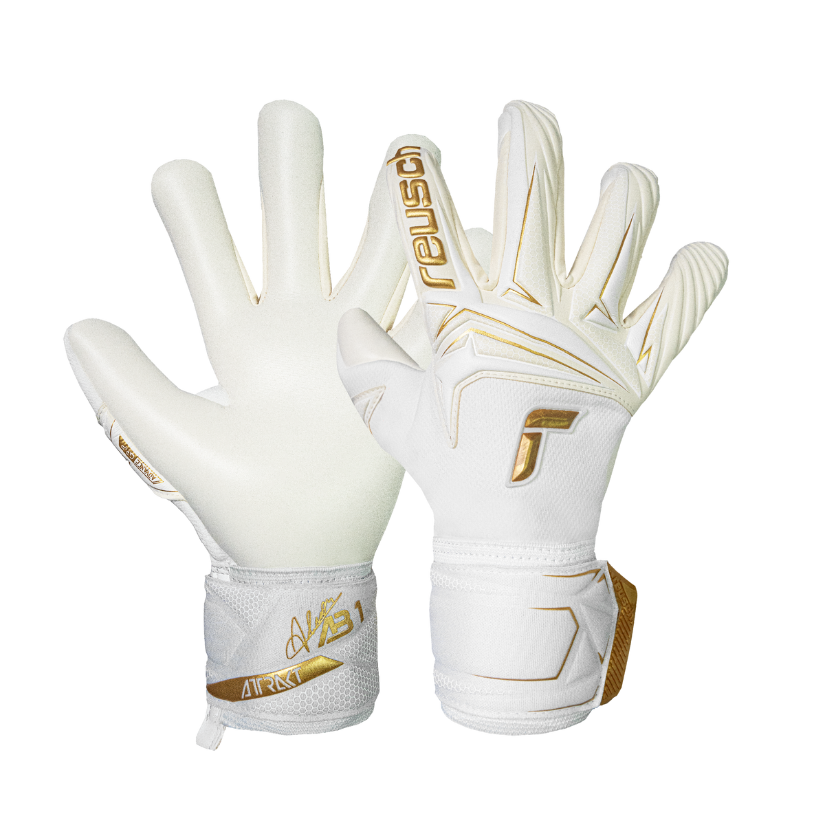 Reusch Attrakt AB1 goalkeeper gloves in white latex with gold accents, textured wrist cuffs and a bold backhand logo