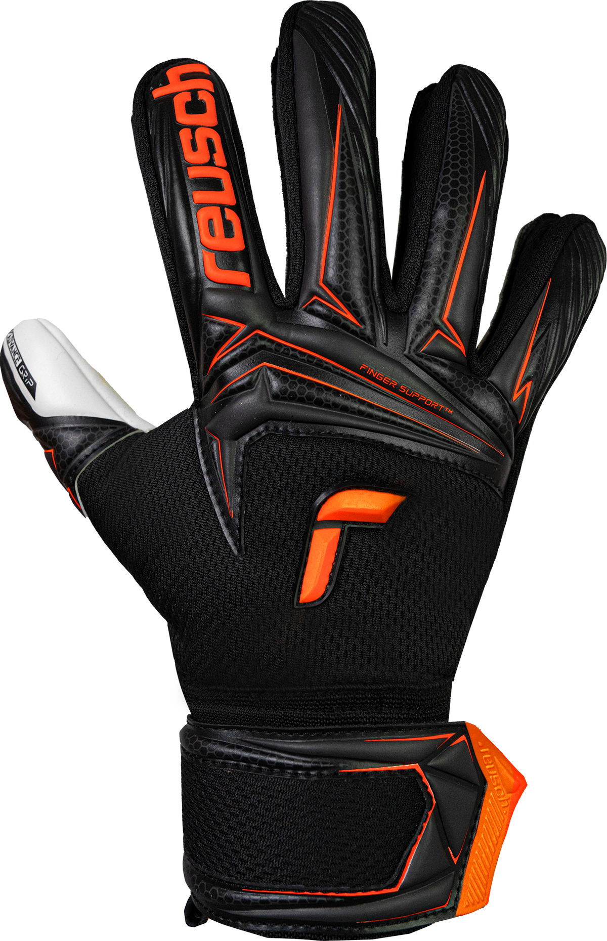 Reusch Attrakt Advance goalkeeper glove in black with bright orange accents, textured palm and reinforced wrist strap