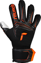 Reusch Attrakt Advance goalkeeper glove in black with bright orange accents, textured palm and reinforced wrist strap