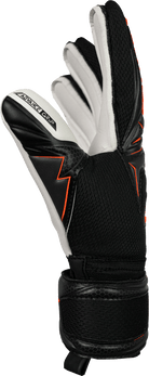 Reusch Attrakt Advance goalkeeper glove in black and white with orange accents, textured surface and finger support panels