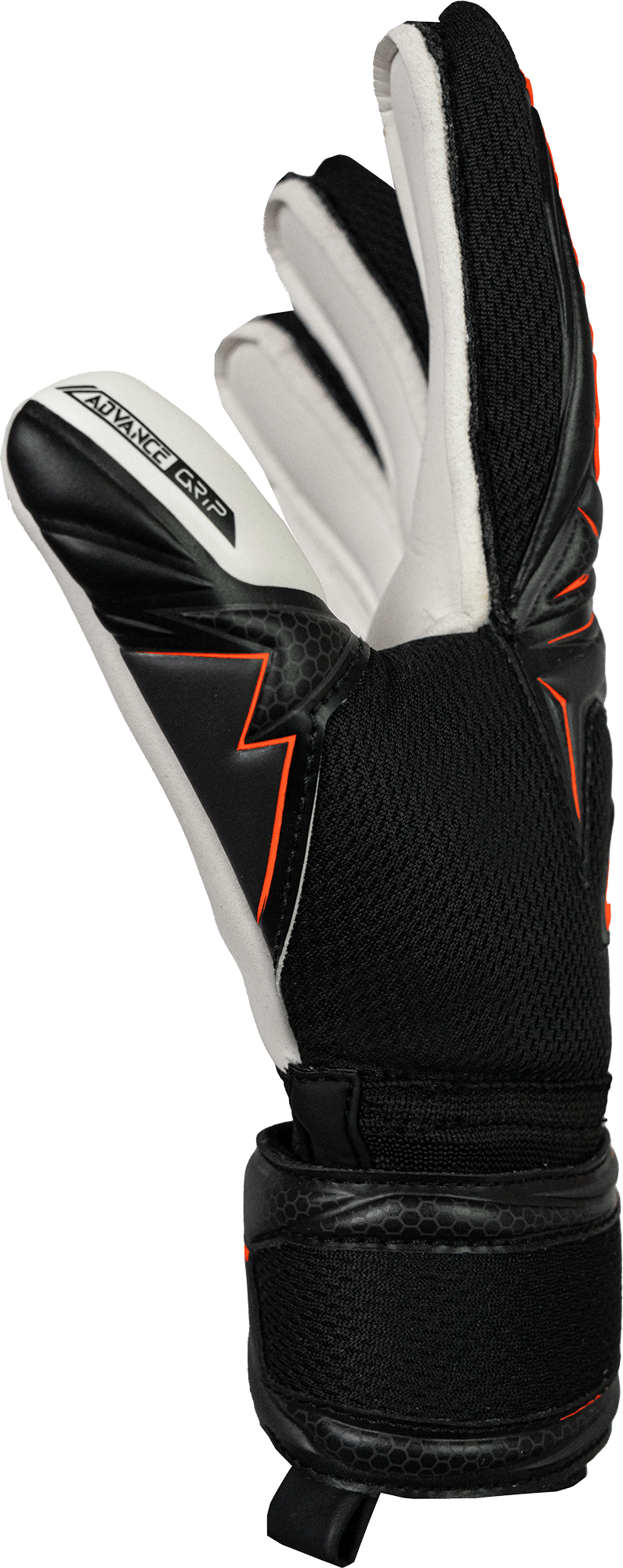 Reusch Attrakt Advance goalkeeper glove in black and white with orange accents, textured surface and finger support panels
