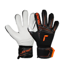 Reusch Attrakt Advance goalkeeper gloves in black and white with orange accents, textured backs and finger support straps.