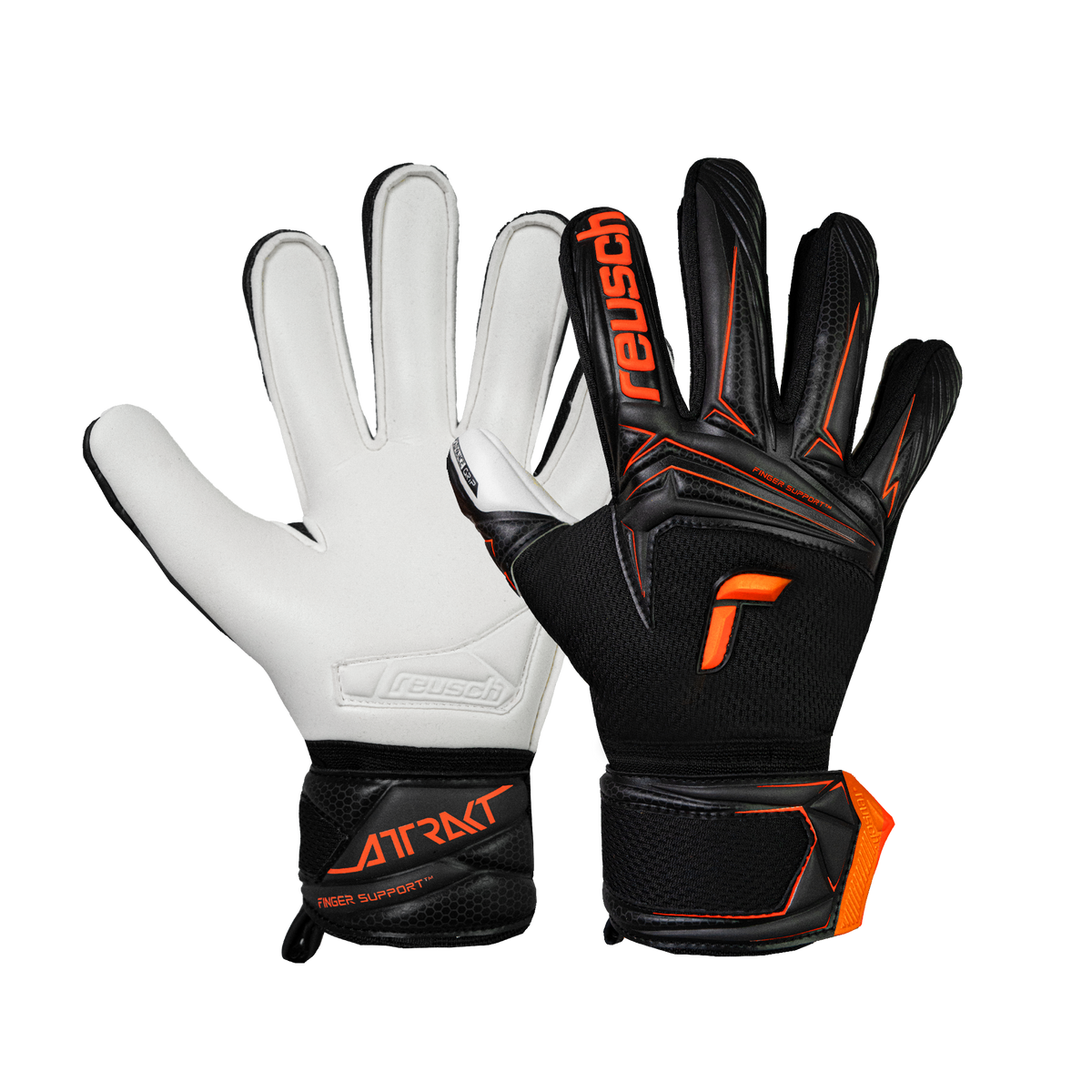 Reusch Attrakt Advance goalkeeper gloves in black and white with orange accents, textured backs and finger support straps.