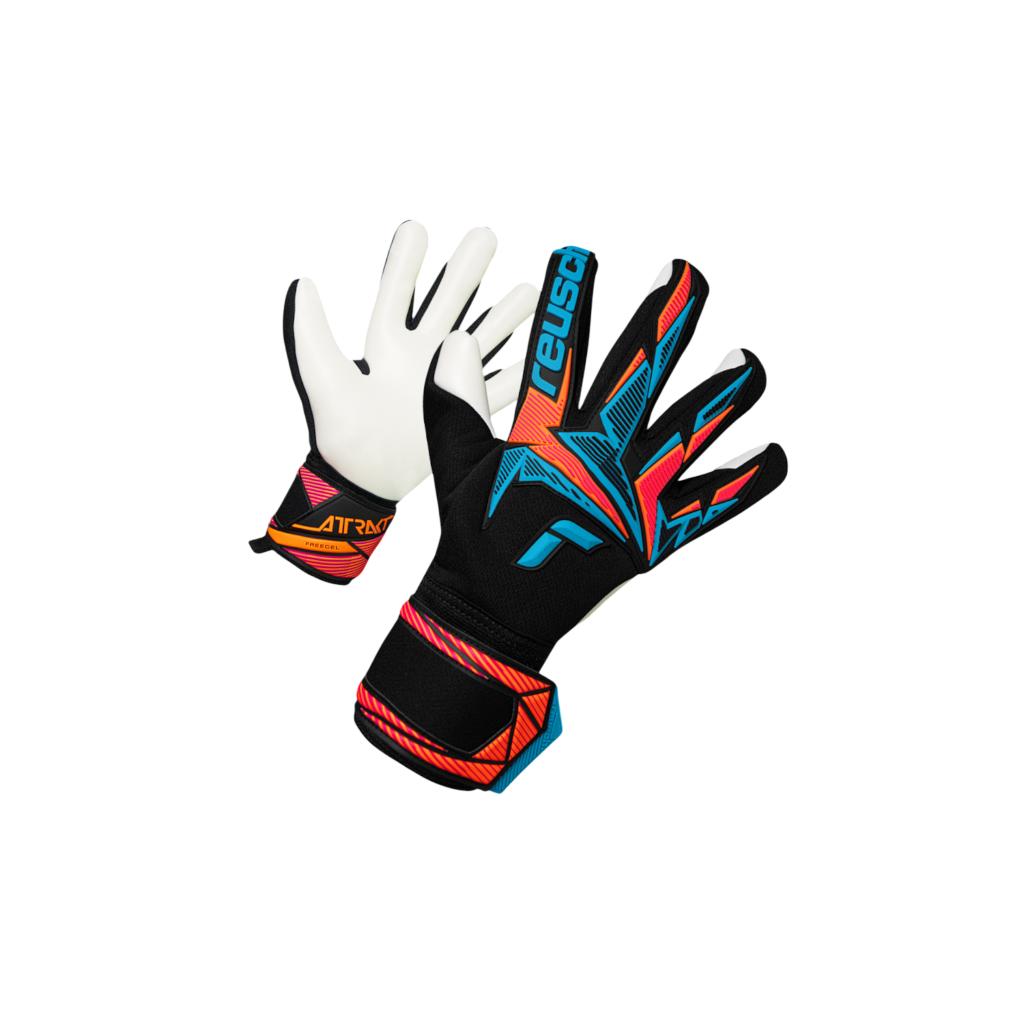 Reusch Attrakt Freegel goalkeeper gloves in black with bright blue and orange accents, featuring a white latex palm.