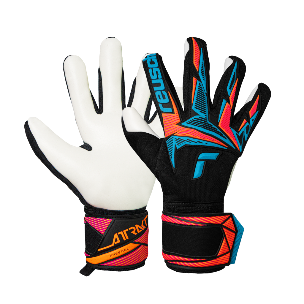 Reusch Attrakt Freegel goalkeeper gloves with white latex palms and black backs featuring vivid blue, orange, and pink graphics