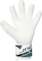 Reusch Attrakt Freegel goalkeeper glove with a white latex palm and white cuff featuring black and turquoise accents