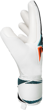 Reusch Attrakt Freegel goalkeeper glove in white with a textured palm, turquoise and black wrist accents, and orange detail