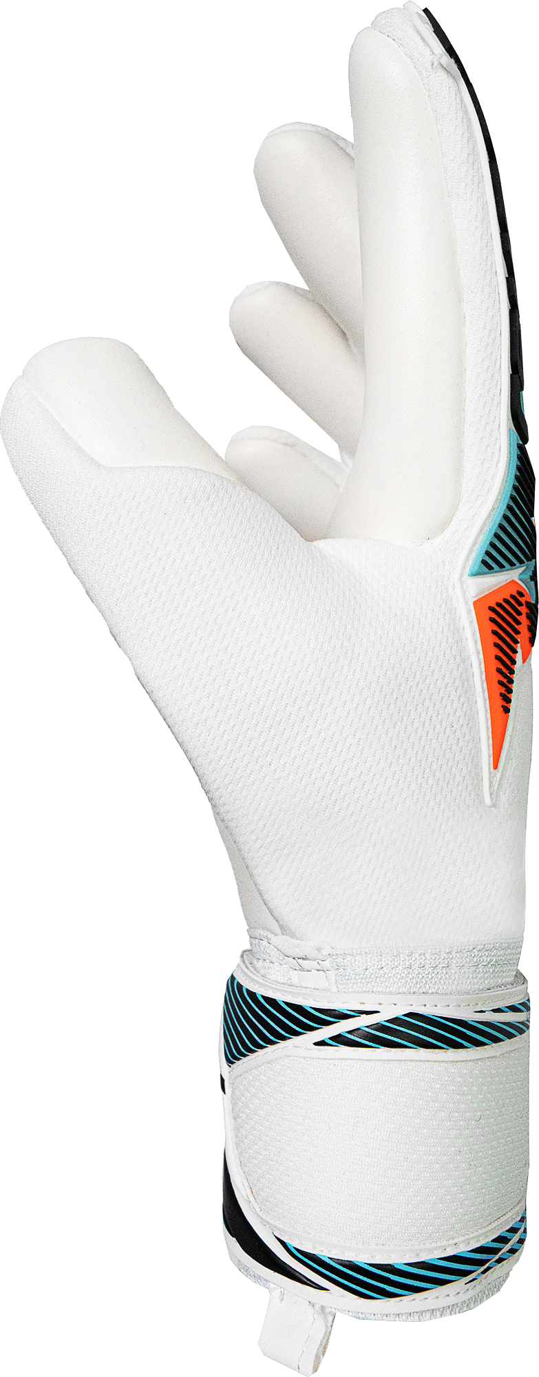 Reusch Attrakt Freegel goalkeeper glove in white with a textured palm, turquoise and black wrist accents, and orange detail