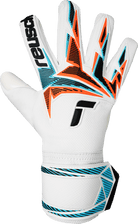 Reusch Attrakt Freegel goalkeeper glove in white with bright orange and blue geometric backhand graphics and a wide wrist strap