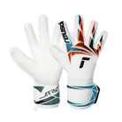 Reusch Attrakt Freegel goalkeeper gloves in white with textured latex palms, orange and teal geometric backhand graphics