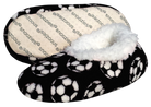 Sport Slippers in black fleece with a white soccer ball pattern, plush white lining and a cushioned footbed