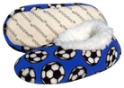 Sport Slippers in blue fabric with black-and-white soccer ball pattern, plush white fleece lining and open heel