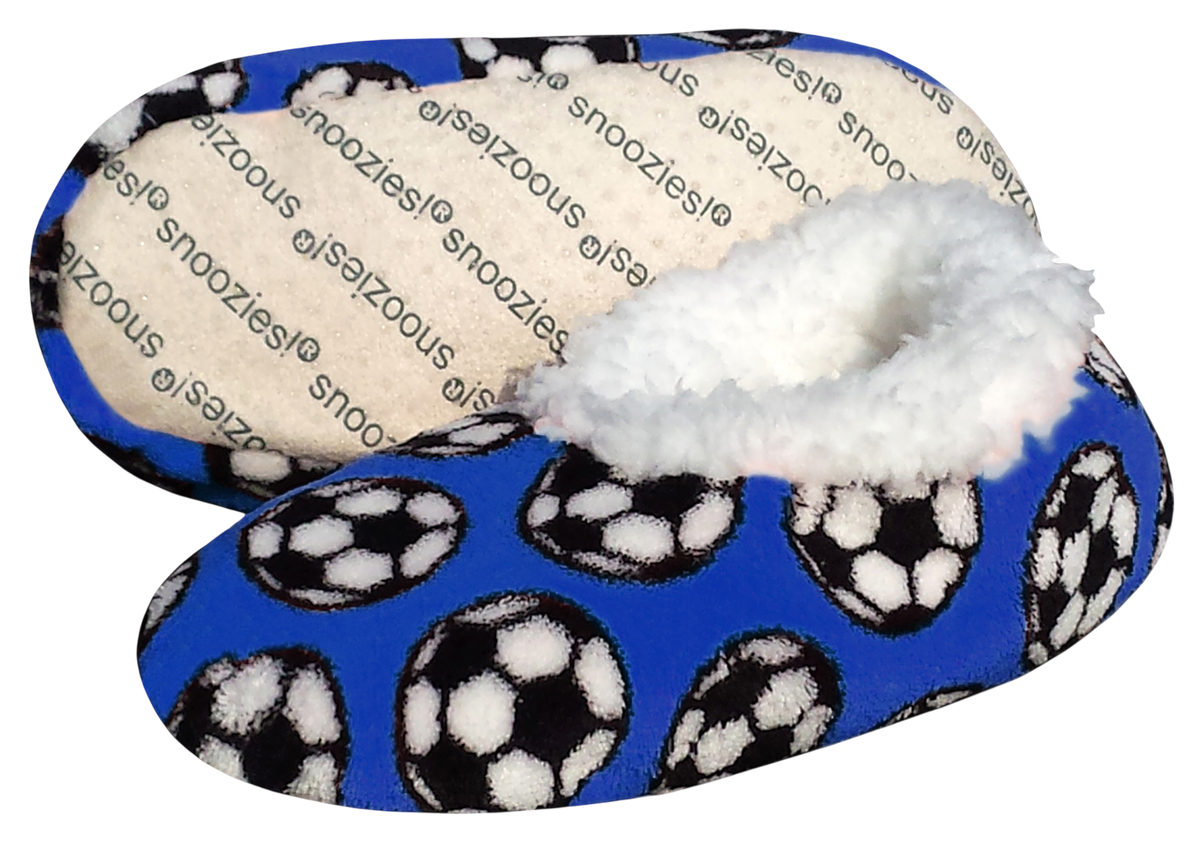 Sport Slippers in blue fabric with black-and-white soccer ball pattern, plush white fleece lining and open heel