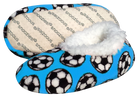 Sport Slippers in bright blue fabric with black and white soccer ball print, plush white fleece lining and cushioned footbed