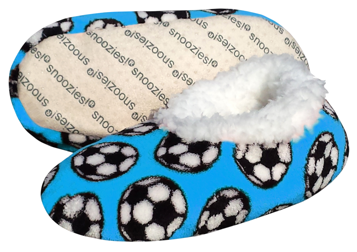 Sport Slippers in bright blue fabric with black and white soccer ball print, plush white fleece lining and cushioned footbed