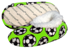 Sport Slippers in bright green plush fabric with black-and-white soccer ball pattern and fluffy white lining