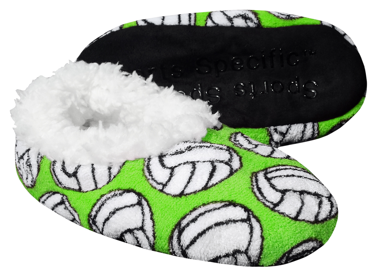 Sport Slippers with bright green fleece and black-and-white volleyball pattern, featuring a fluffy white lining and black sole.