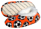 Sport Slippers in bright orange soft fabric with black-and-white soccer ball pattern and plush white lining