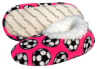 Sport Slippers in bright pink fleece with black-and-white soccer ball print and a plush white sherpa lining