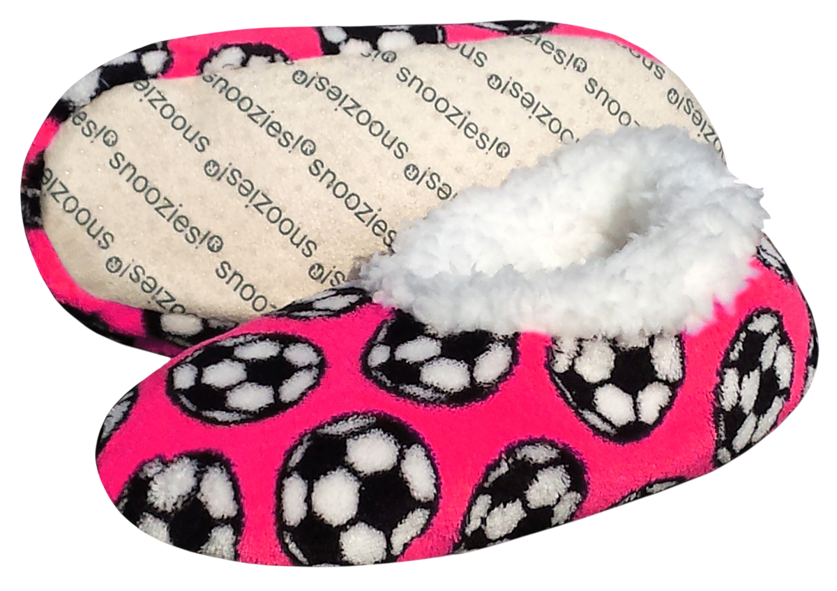 Sport Slippers in bright pink fleece with black-and-white soccer ball print and a plush white sherpa lining