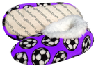 Sport Slippers with a vivid purple fabric upper patterned with black and white soccer balls and a fluffy white lining