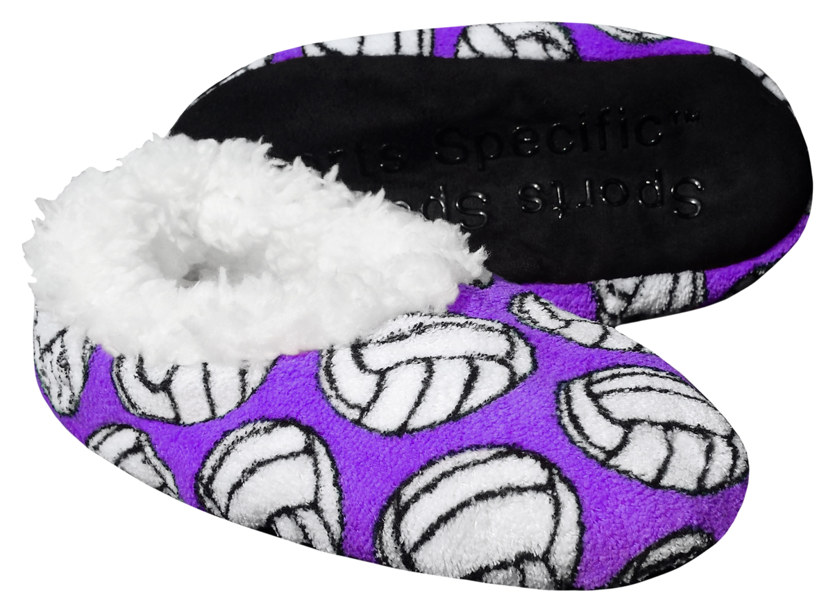 Sport Slippers in purple fleece with a black-and-white volleyball pattern, fluffy white lining and black rubber soles.