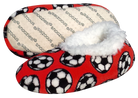 Sport Slippers in bright red fleece with black-and-white soccer ball print and a fluffy white lining