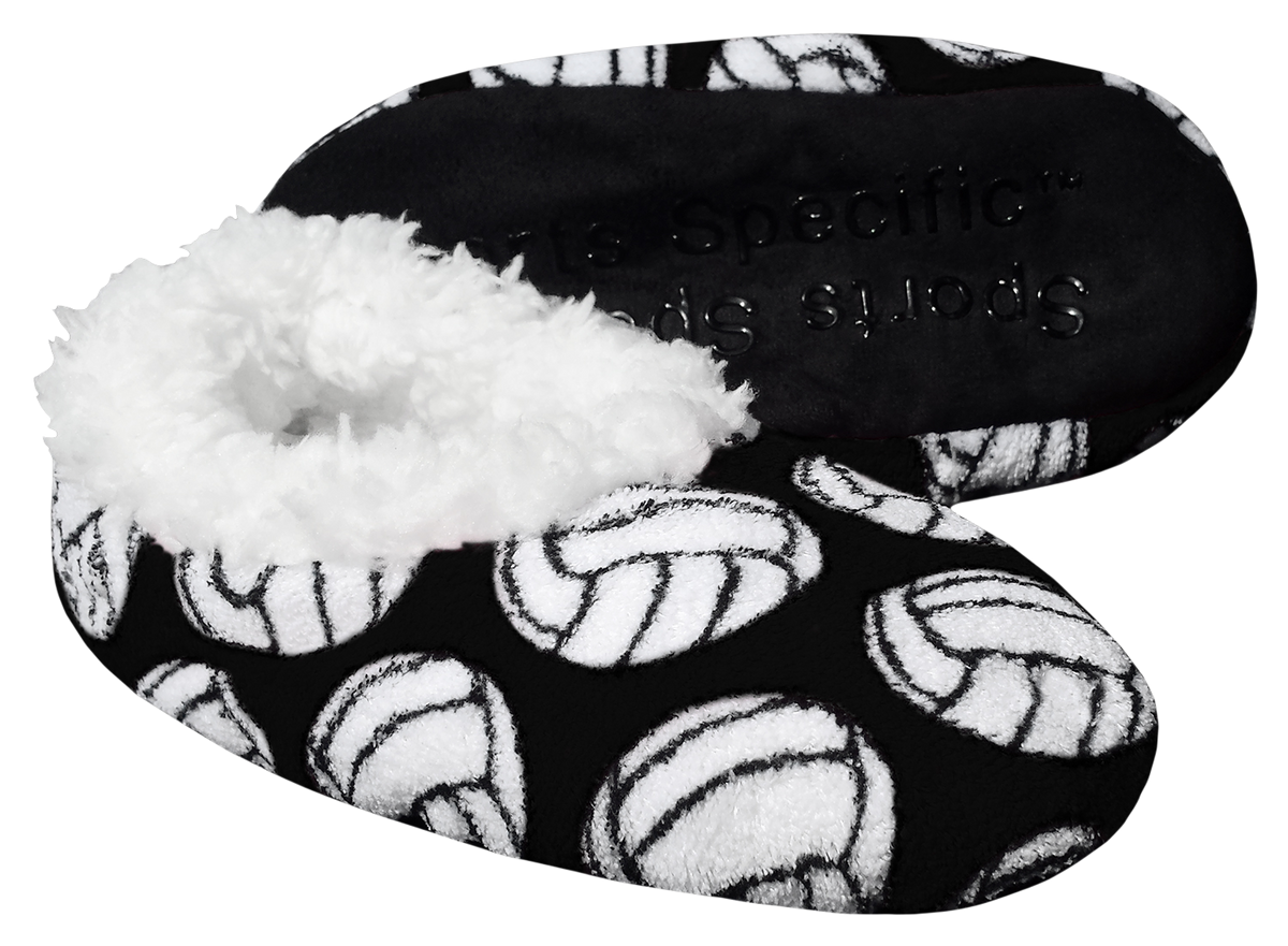 Volleyball Sport Slippers in black fleece with white volleyball print, fluffy lining, and a black grippy sole.