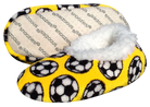 Sport Slippers in bright yellow plush fabric with black-and-white soccer ball prints and a fluffy white lining
