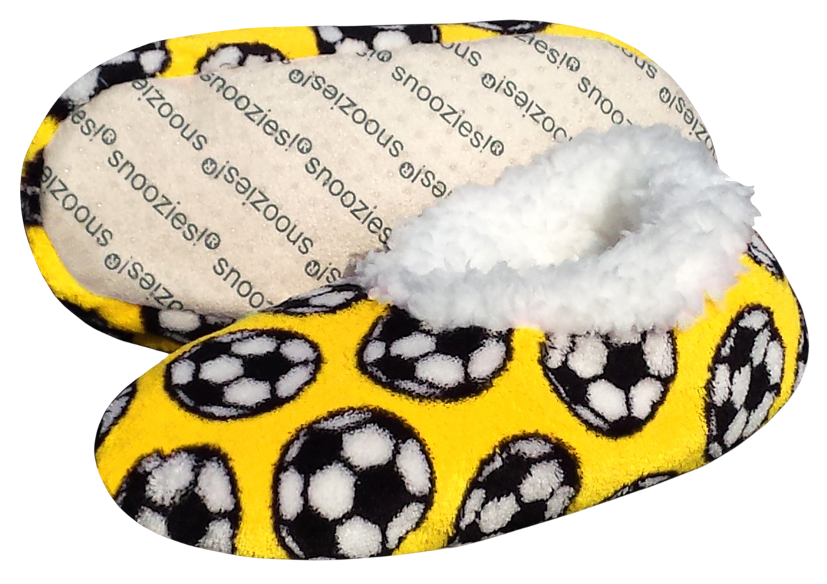 Sport Slippers in bright yellow plush fabric with black-and-white soccer ball prints and a fluffy white lining