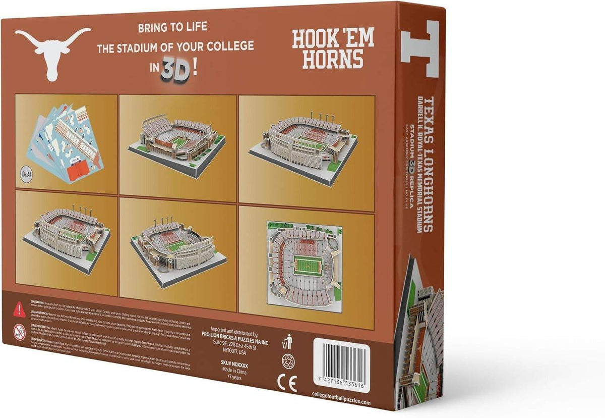 Texas Longhorns Darrell K Royal-Texas Memorial Stadium 3D Puzzle box with brown packaging, stadium model illustrations and team branding