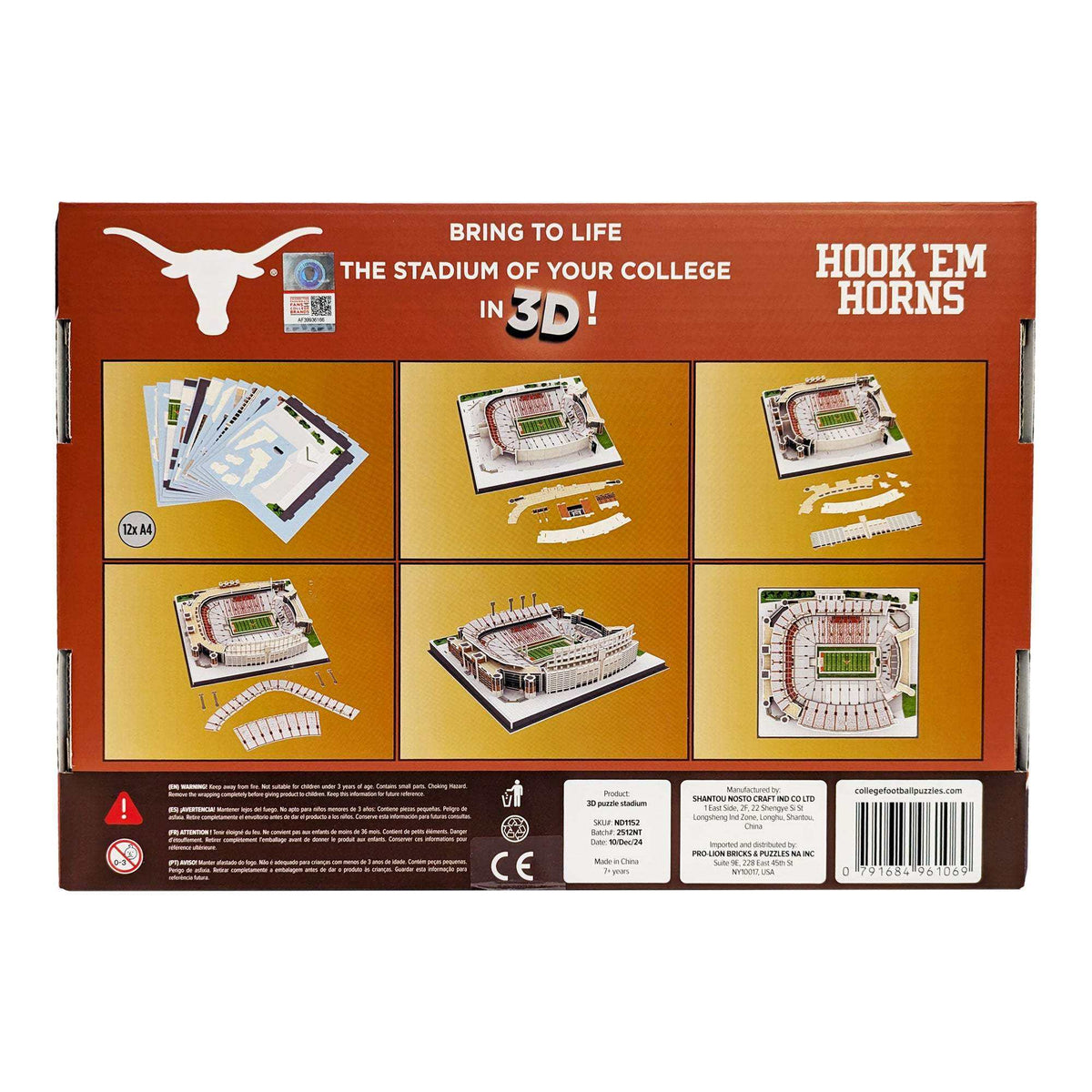 Texas Longhorns Darrell K Royal-Texas Memorial Stadium 3D Puzzle packaging shows a burnt orange box with stadium model illustrations