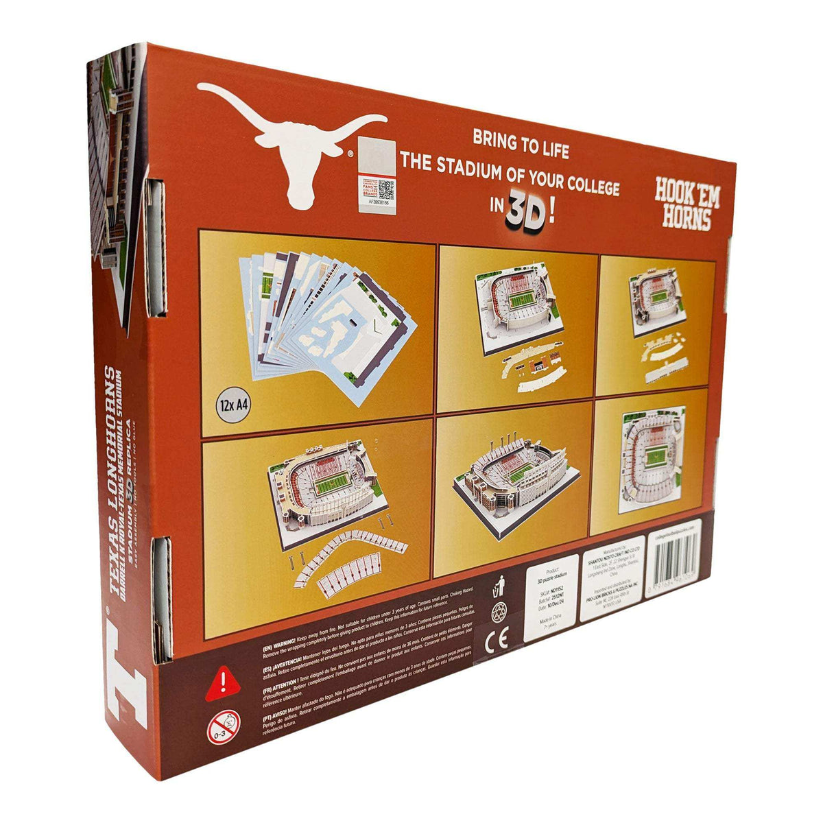 Texas Longhorns Darrell K Royal-Texas Memorial Stadium 3D Puzzle in orange packaging, showing stadium model assembly steps