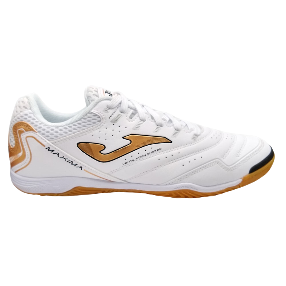 Joma Maxima white and gold indoor soccer futsal shoes with non-marking rubber sole for court traction