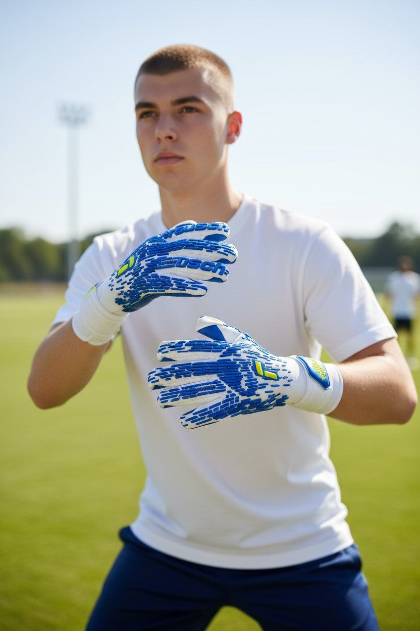 Goalkeeper wearing Reusch Pure Contact Freegel Duo gloves with blue grip on green field