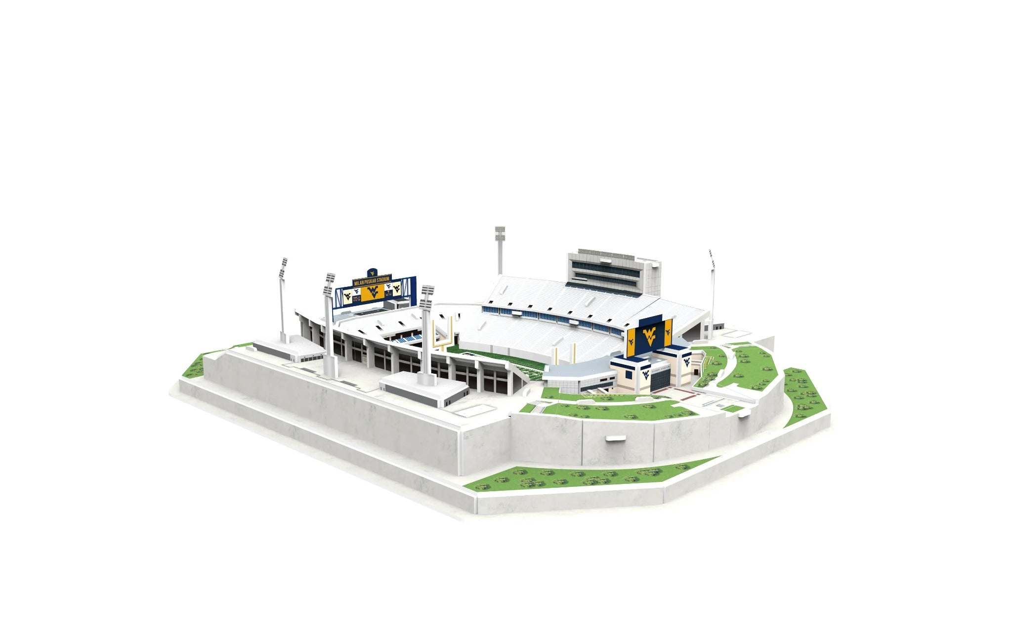 3D replica puzzle of West Virginia Milan Puskar Stadium with 120 pieces in team colors