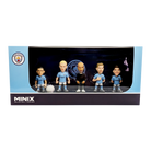 Manchester City FC Minix 5-Pack football figurines featuring Haaland, De Bruyne, Foden, Guardiola, and Álvarez in authentic kits, 7cm tall collectibles for fans and kids.