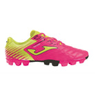 Joma Toledo Junior Molded 24 Soccer Shoes, pink and yellow design, lightweight synthetic upper, ergonomic heel, rubber outsole for traction.